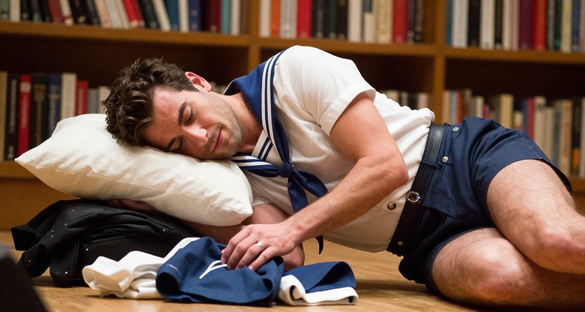 A relieved male From Madrid Spain, studied sensual dance and camera presence in their 37, sharing tips for successful networking, wearing a vintage pin-up sailor outfit with high-waisted shorts, smoothing out clothes in a concert hall.