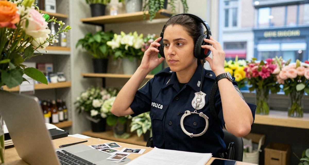 A nostalgic Female From Belgium, has a degree in international law in their 20, balancing part-time jobs with intense study schedules, wearing a police officer uniform with a badge and handcuffs, adjusting headphones in a flower shop.