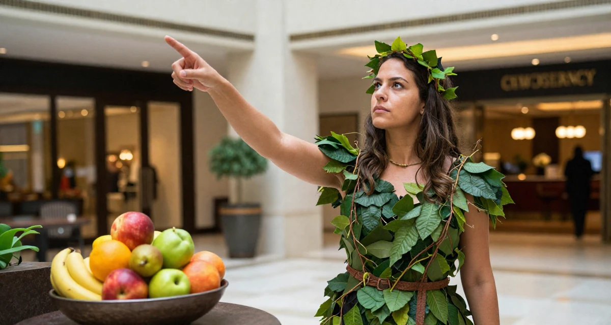 A serious Female From USA, studied psychology and human behavior in their 43, passionate about organic gardening and cooking, wearing a forest dryad costume made of leaves and vines, pointing at something distant in a hotel lobby.