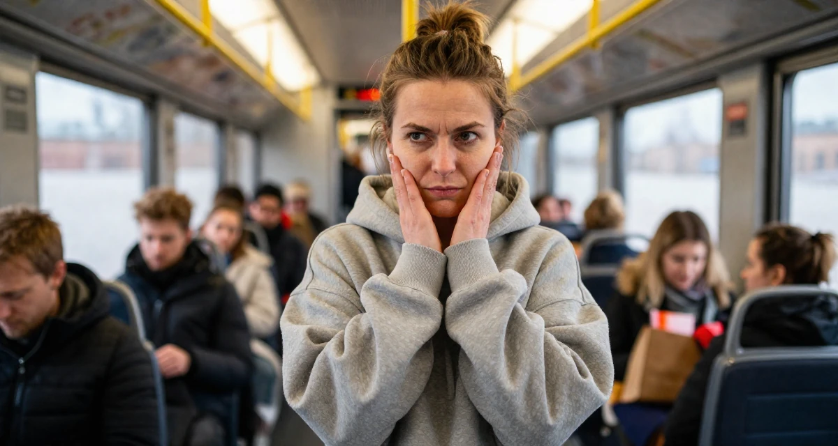 A arrogant Female From Stockholm Sweden, holds a degree in product design in their 41, rebuilding confidence after job loss, wearing a trendy oversized hoodie, touching the chin thoughtfully in a train carriage.