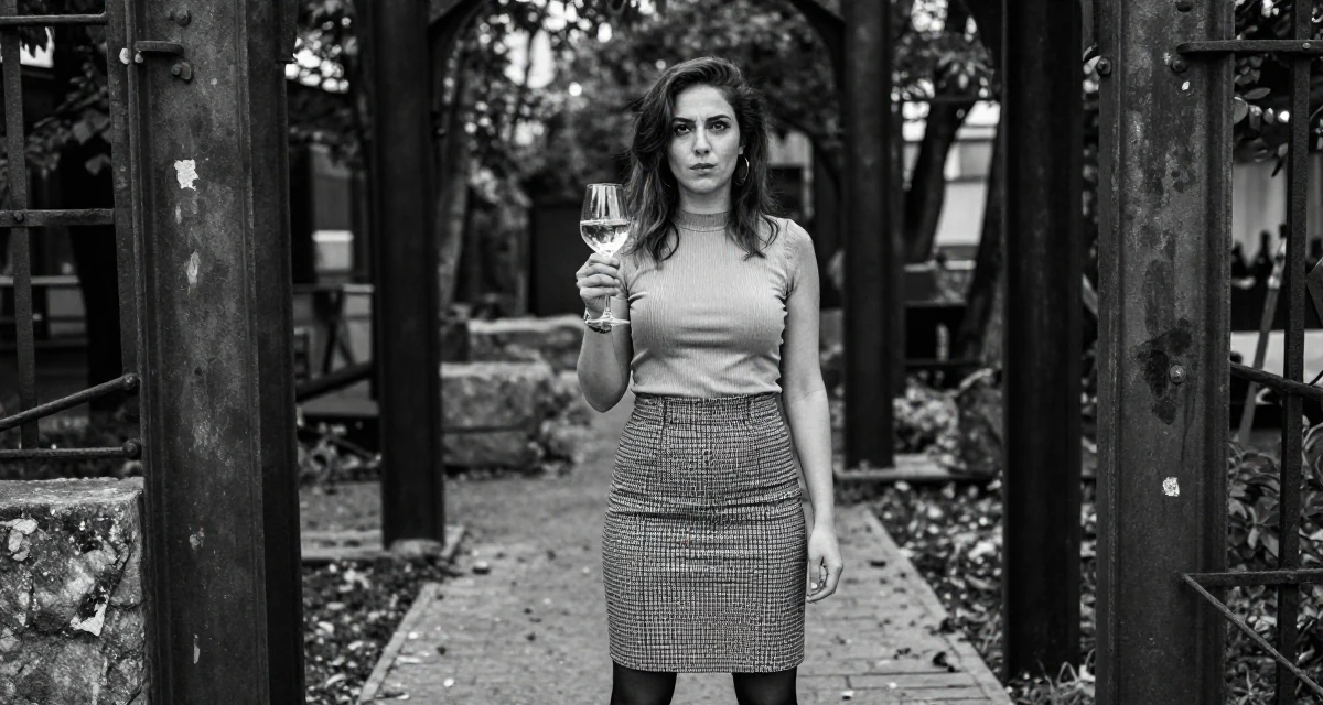 A rebellious Female From Thessaloniki Greece, majored in international economics in their 23, building content while fighting the urge to quit every week, wearing a fitted ribbed top and a check pattern skirt, holding a wine glass by the stem in a magical forest clearing.