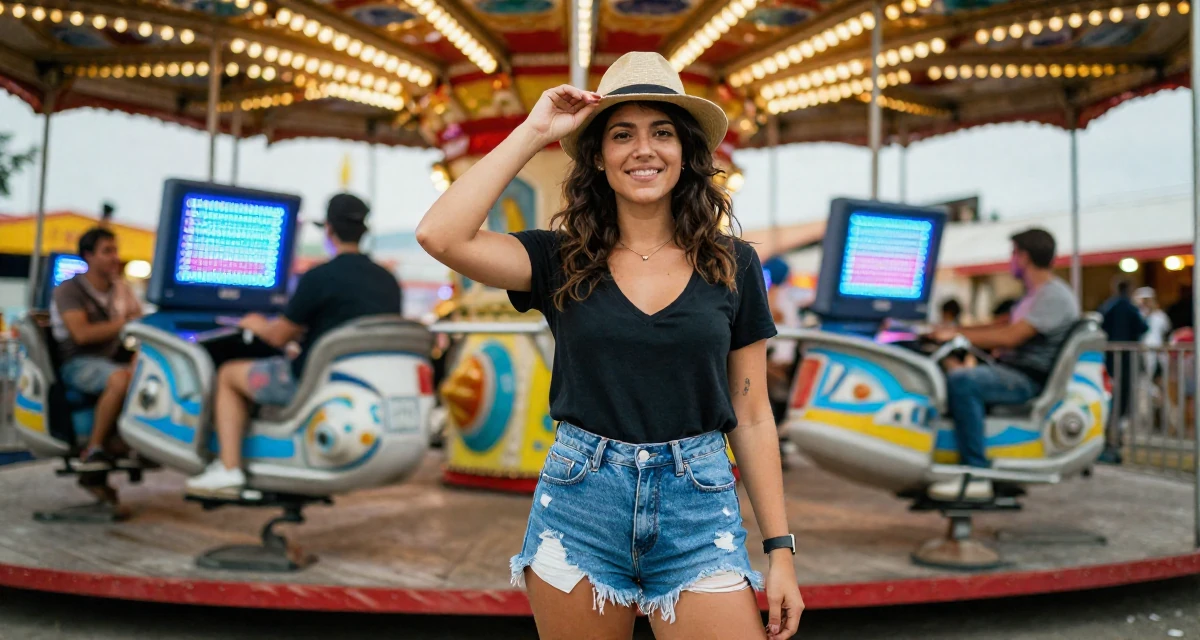 A optimistic Female From Israel, majored in computational biology in their 20, creating content for a growing online audience, wearing a deep v-neck t-shirt and distressed denim shorts, adjusting a hat in a carnival with rides.