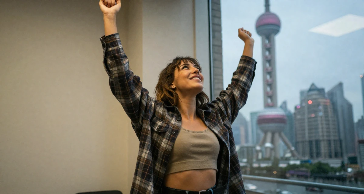 A triumphant Female From France, majored in cinema studies in their 23, dealing with fluctuating subscriber numbers, wearing a oversized flannel shirt unbuttoned over a crop top, looking at a reflection in a window in a waiting room.