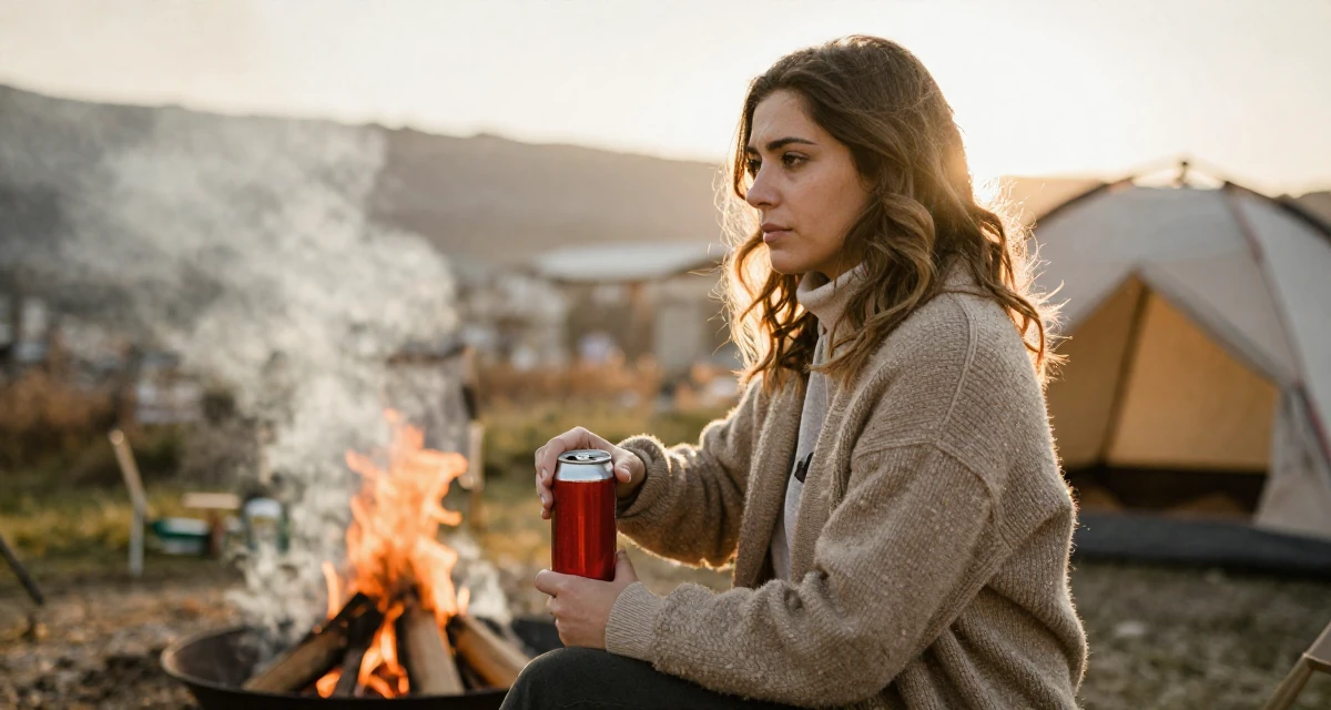 A calm and confident Female From Thessaloniki Greece, majored in international economics in their 23, feeling pressure to figure life out quickly, wearing a warm winter layered look, opening a soda can in a campfire circle.