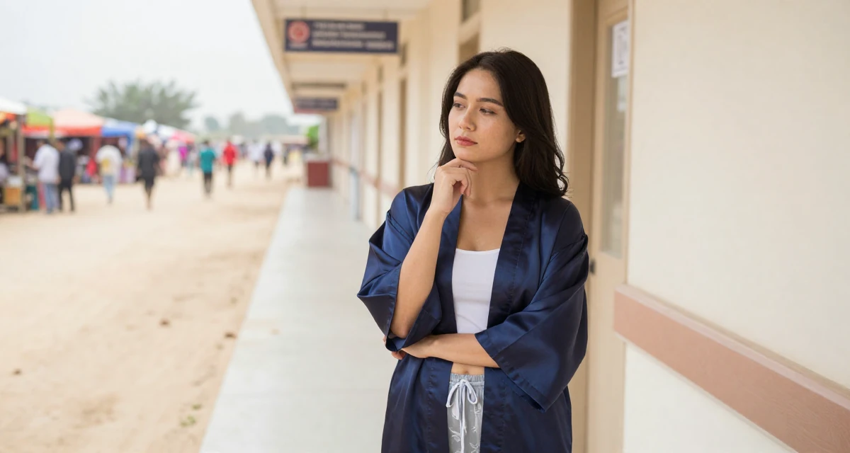 A calm and confident Female From Hanoi Vietnam, holds a degree in economics in their 23, discovering how subtle teasing builds real engagement, wearing a silky kimono robe worn open over loungewear, touching the chin thoughtfully in a hospital corridor.