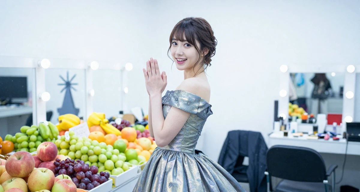 A victorious Female From Kyoto Japan, practiced artistic nude photography as self-expression in their 22, adjusting to the 9-to-5 routine after college, wearing a galactic princess gown with metallic fabrics, clasping hands together in a backstage dressing room.
