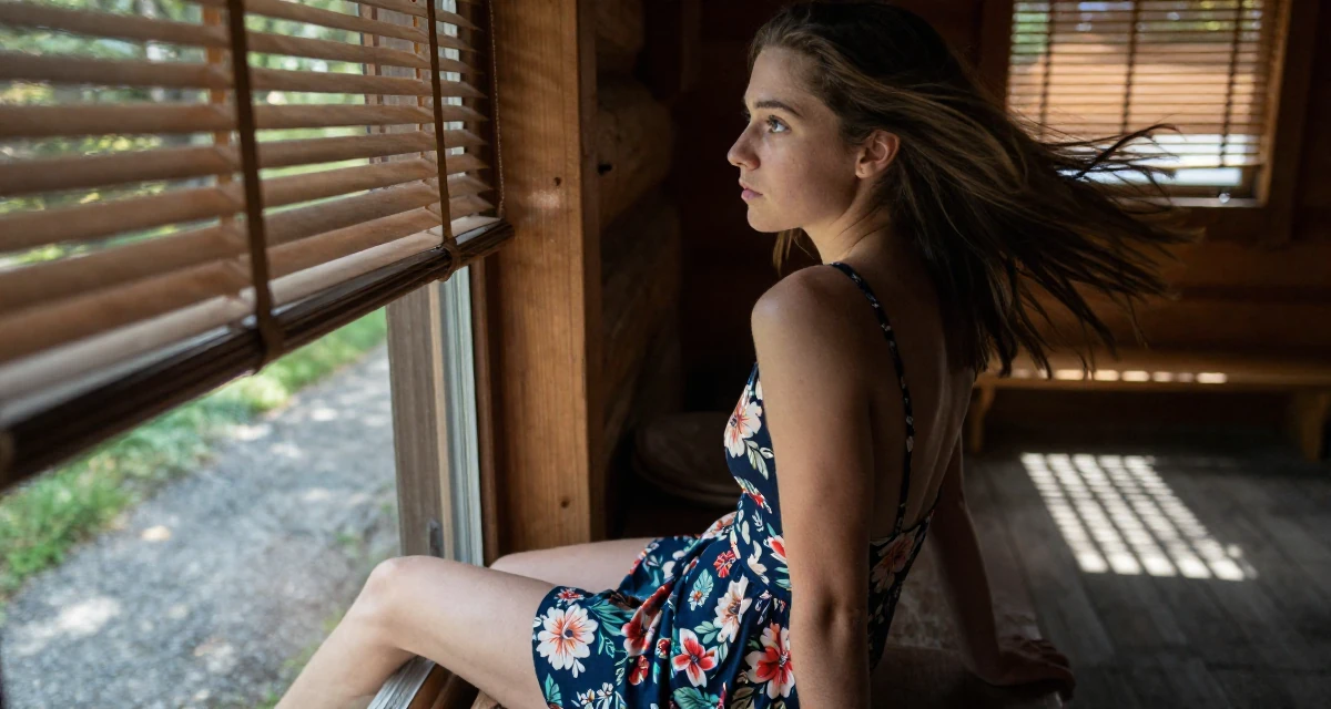 A cold and distant Female Former martial-arts trainee, now producing athletic creator content in their 25, transitioning from teenage habits to adult routines, wearing a backless summer sundress in a floral print, looking out the window in a rustic wooden cabin interior.