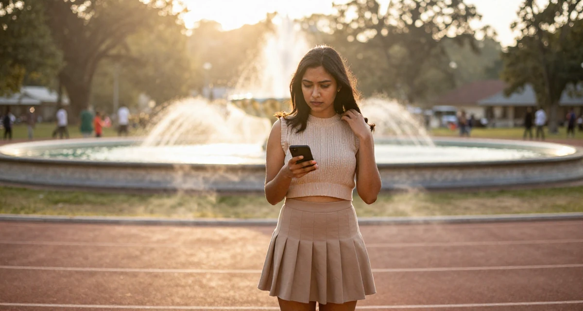 A solemn but kind Female From Sri Lanka, based in Kandy, graduated from a regional institute majoring in advertising in their 25, excited but unsure about how to grow first followers, wearing a cropped sweater vest and a pleated mini skirt, scrolling casually in a running track.
