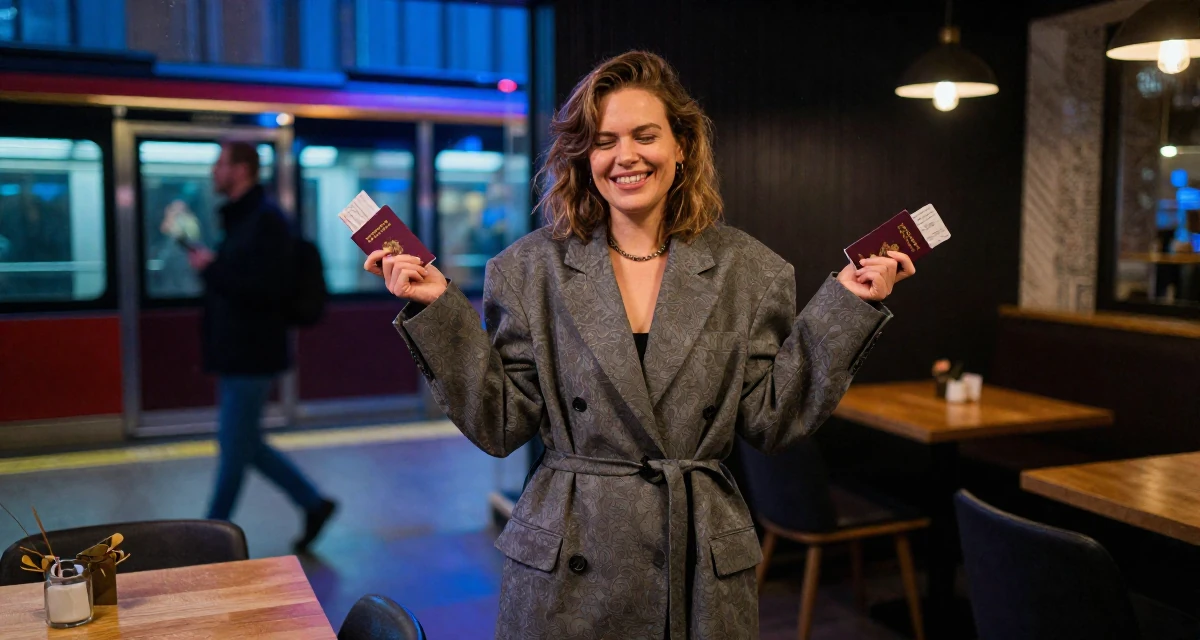 A delighted Female From Aarhus Denmark, studied digital concept development in their 24, feeling cynical about the corporate ladder, wearing a oversized blazer worn as a dress with a belt, holding a passport or ticket in a cozy café.