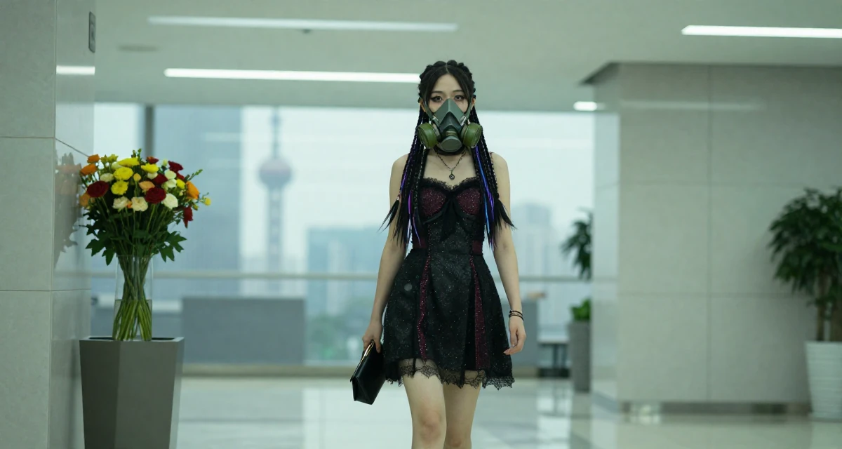 A composed Female From China, majored in journalism in their 21, wearing a party dress with smudged eyeliner, wearing a cyber-goth outfit with gas mask and neon dreads, clutching a clutch bag in a modern skyscraper lobby.