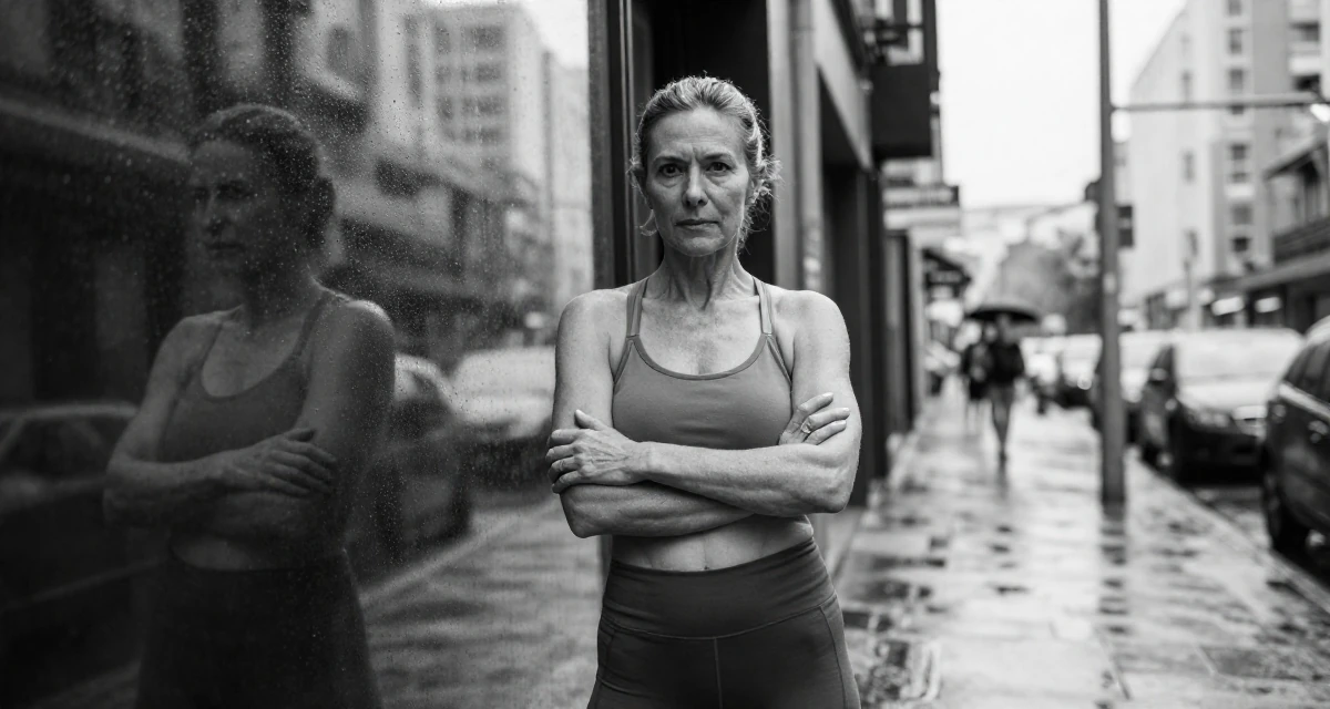 A intimidating Female Grew up in France, majored in cultural studies in their 35, glowing with the wisdom of experience, wearing a strappy gym top and compression shorts, crossing arms confidently in a quiet alleyway.