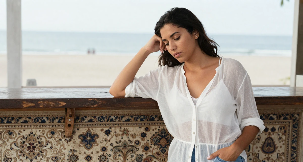 A melancholic yet beautiful Female From USA, studied anthropology and folklore in their 22, facing early rejection and learning from it, wearing a sheer white blouse with a delicate camisole underneath, putting hands in pockets in a beach bar.