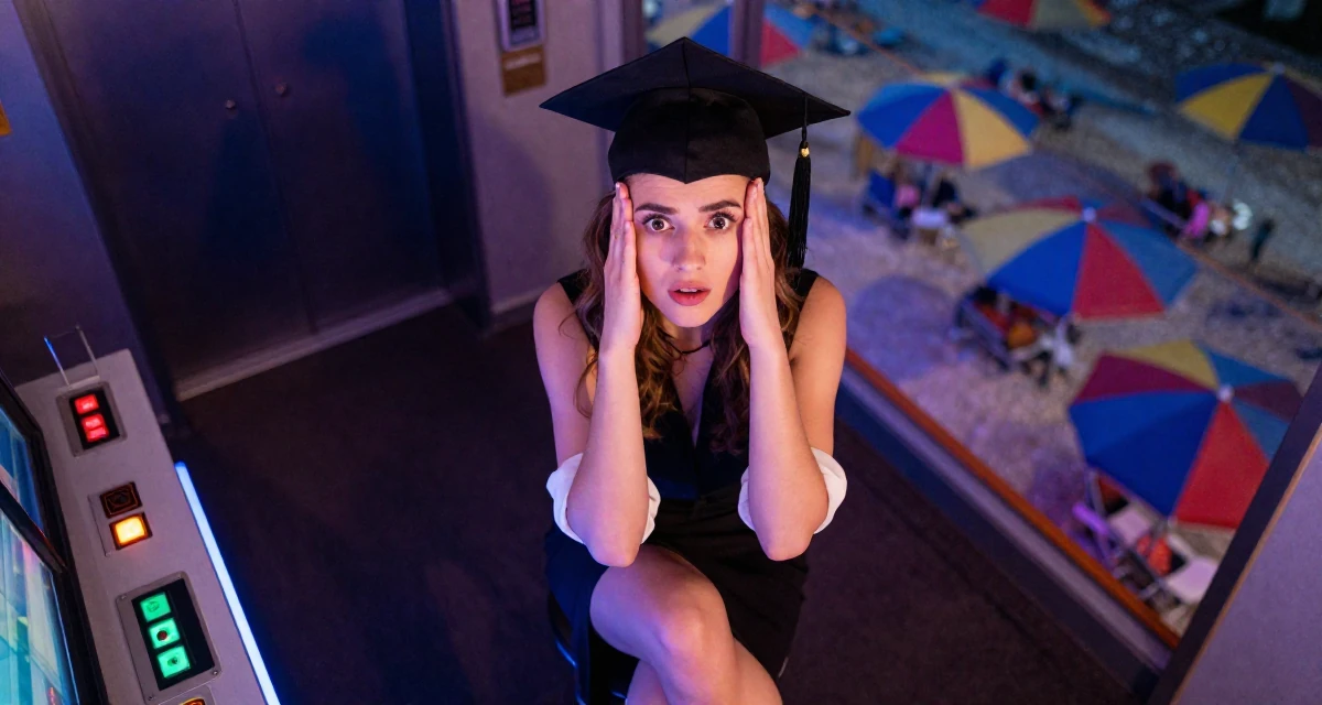 A surprised Female From Helsinki Finland, studied visual communication in their 21, feeling the pressure of impending graduation, wearing a elegant evening casual wear, rolling up sleeves in a arcade room with neon lights.