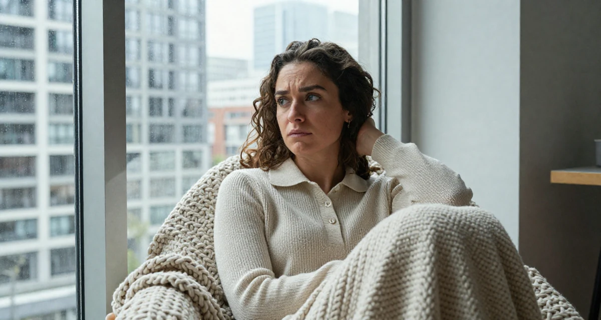 A unimpressed Female From Germany, has a background in psychology in their 23, recovering from early career burnout, wearing a smart knit polo, waiting for a taxi in a modern apartment.