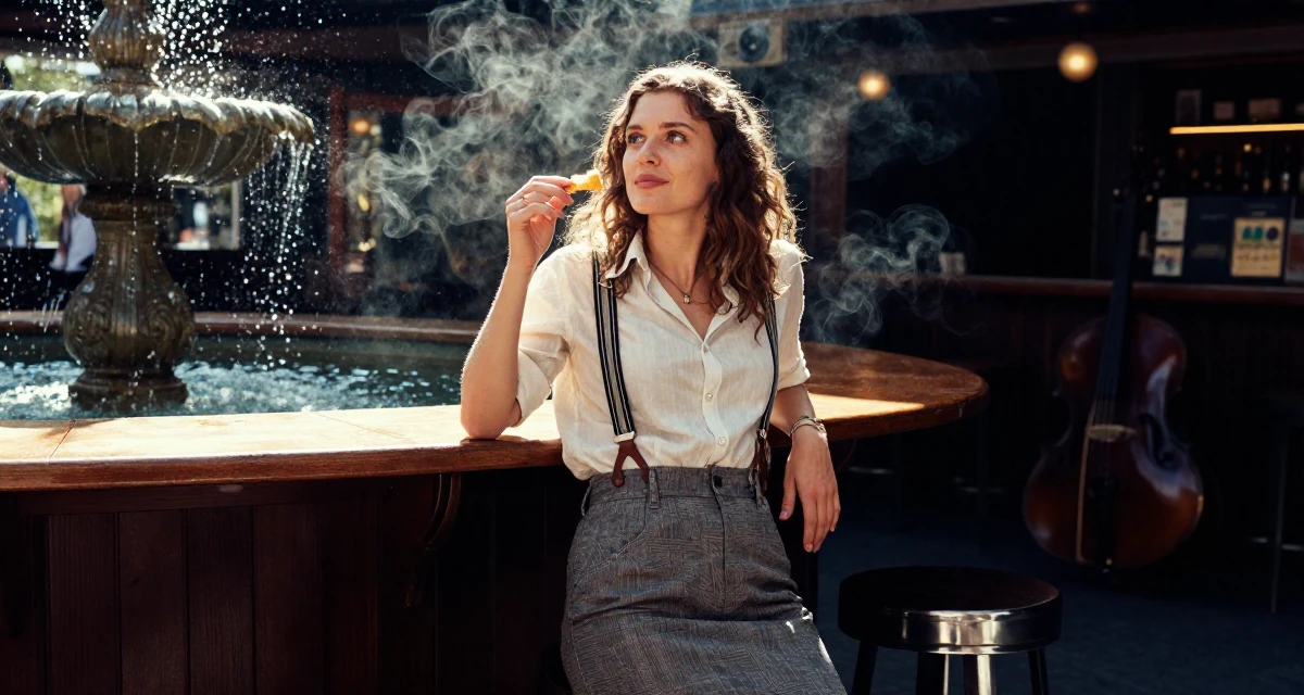 A composed Female From Berlin Germany, holds a degree in media engineering in their 23, embracing flirtatious storytelling in creative sets, wearing a high-waisted skirt with suspenders and a shirt, holding a snack in a dimly lit jazz bar.