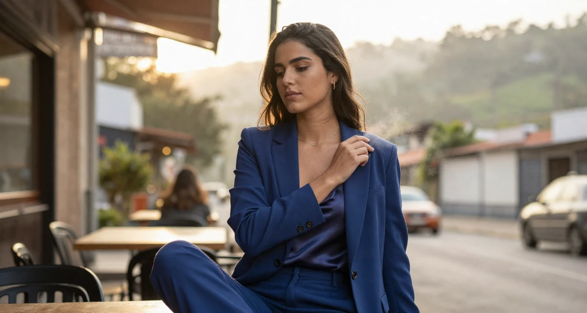 A thoughtfully silent Female Raised in Brazil, majored in multimedia arts in their 26, chasing the digital nomad lifestyle dream, wearing a crisp navy blue blazer over a silk camisole and trousers, dusting off the shoulder in a urban street.