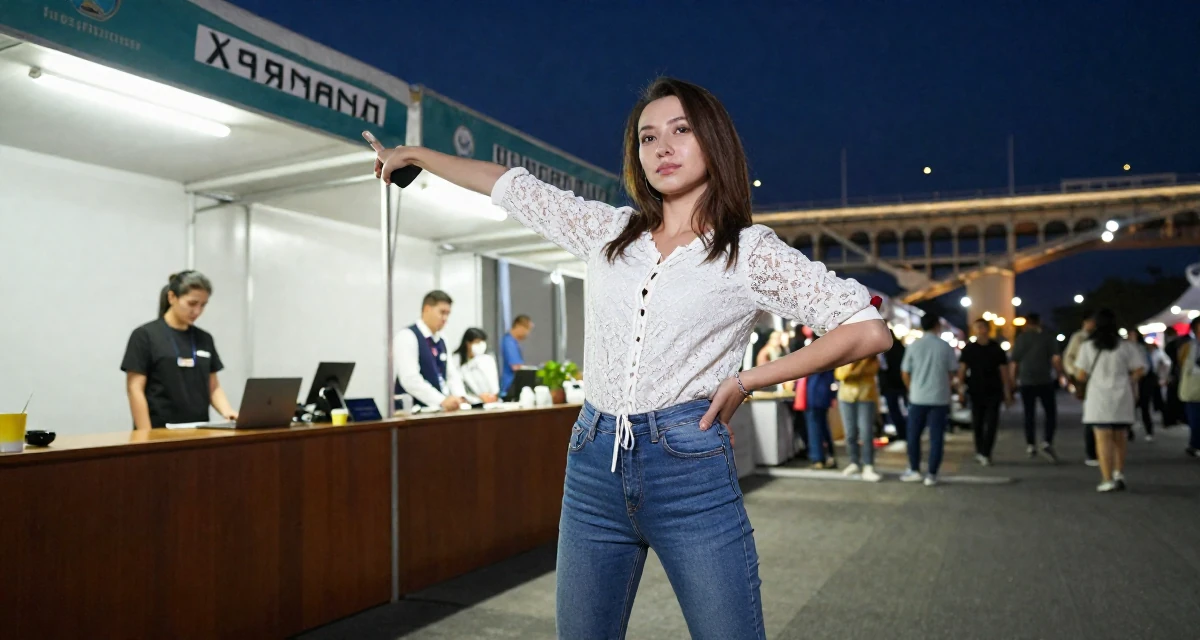 A calm and confident Female Raised in Kazakhstan, majored in global business in their 25, demanding respect in professional settings, wearing a lace-up front top and skinny jeans, posing for a selfie in a night market stall.