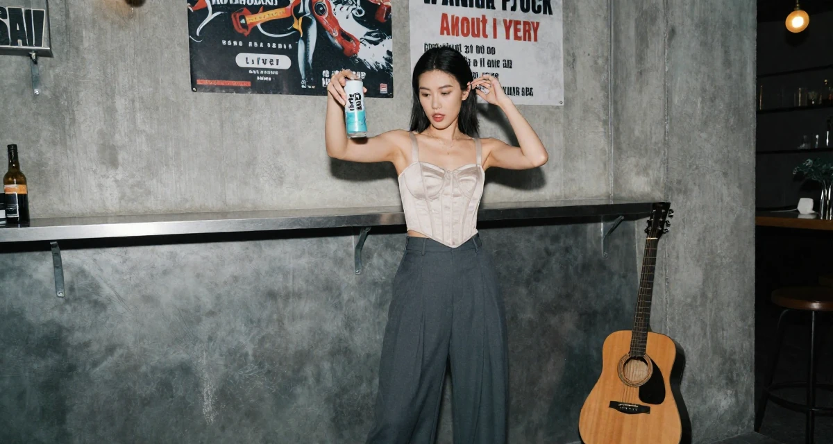 A inspired Female Previously a bartender, now expressing nightlife energy through content in their 24, handling the transition from student to adult identity, wearing a corset-style top and wide-leg trousers, holding a beverage can in a wedding venue.