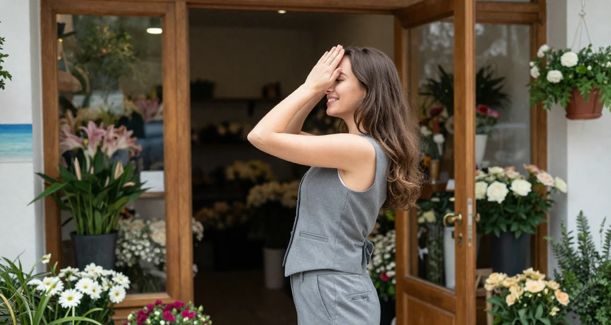 A radiant Female From Romania, studied computer science in their 25, understanding which content gains real engagement, wearing a grey vest and matching trousers outfit, covering eyes from the sun in a flower shop entrance.
