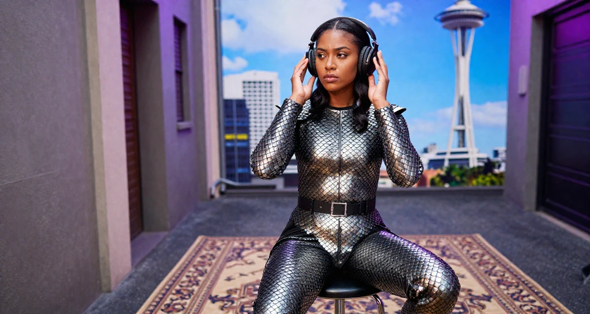 A soulful Female From Mauritius, studied digital marketing in their 32, looking at the world with a cynical edge, wearing a dragon scale armor texture with metallic sheen, adjusting headphones in a neon-lit alleyway.