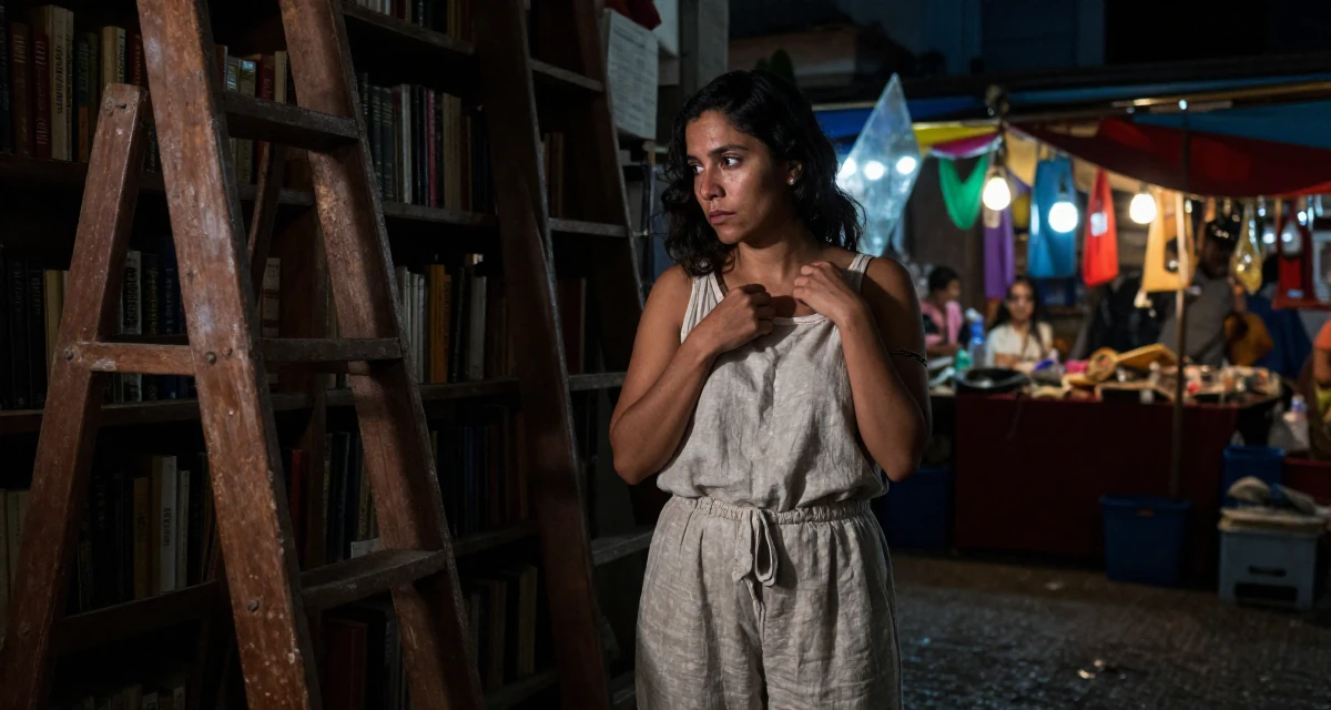 A mysterious Female From Mexico, majored in global trade in their 38, capturing cinematic moments of daily life, wearing a loose-fitting linen trousers, adjusting a shoulder strap in a old library with wooden ladders.