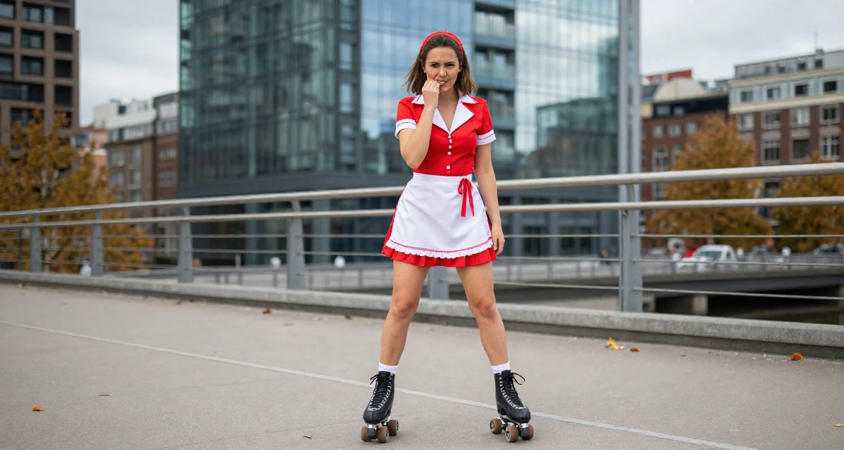 A carefree Female From Netherlands, studied media and culture in their 24, fighting guilt when taking a single day off, wearing a retro 50s diner waitress uniform with roller skates, biting the lower lip softly in a bridge walkway.