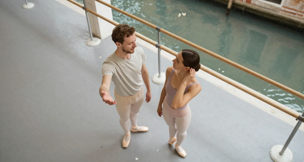 A peaceful male From Russia, studied computer science at a technical university in their 35, teaching financial literacy to other women, wearing a soft pastel-colored ensemble, catching a falling flower petal in a ballet studio.