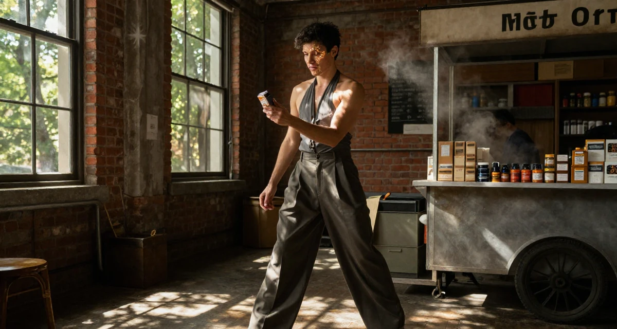 A resilient male Once a babysitter, now documenting grown-up self-expression in their 22, developing a bold persona that feels authentically “me”, wearing a halter neck top and wide-leg office trousers, examining a product in a loft apartment with brick walls.