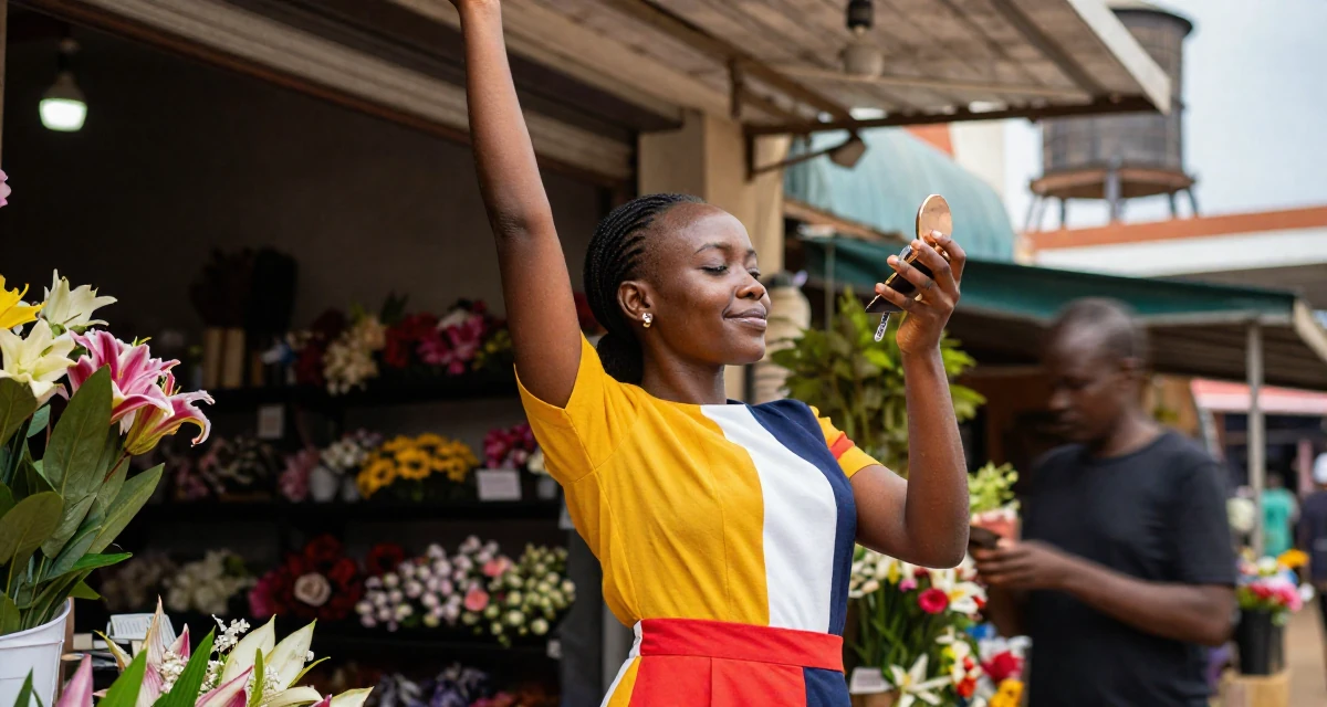 A relaxed and happy Female From Kenya, based in Nairobi, graduated from a creative institute majoring in aesthetic communication in their 32, managing high-stakes projects with calm, wearing a bold color-block outfit, checking makeup in a compact mirror in a flower shop entrance.