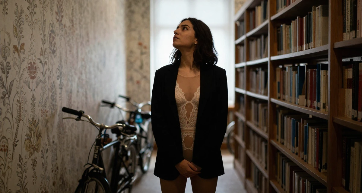A exhausted Female Former figure-skating student, now producing graceful aesthetic content in their 23, feeling the thrill of posting a bold outfit for the first time, wearing a sheer lace bodysuit worn under a blazer, gazing at the sky in a library aisle.