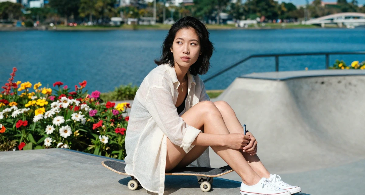 A nostalgic Female From Singapore, majored in digital content strategy and visual aesthetics in their 22, learning how to avoid scams and risky promo offers, wearing a translucent linen shirt worn over a swimsuit, holding a pen in a skate park.