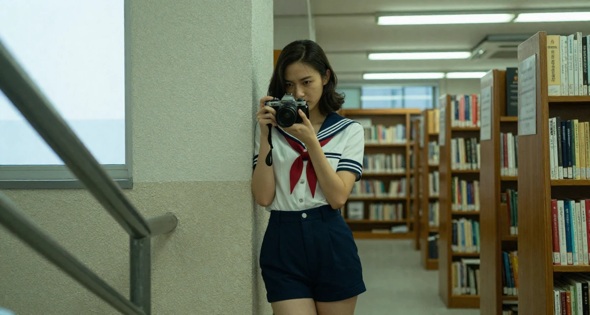 A nostalgic Female From Hong Kong, based in Kowloon, graduated from a community college majoring in film studies in their 23, fighting algorithm despair while submitting homework, wearing a vintage pin-up sailor outfit with high-waisted shorts, holding a camera ready to shoot in a bookstore aisle.