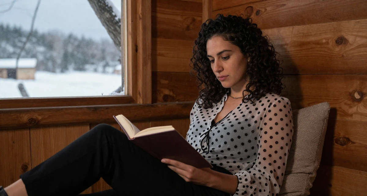 A solemn but kind Female Raised in Peru, studied advertising management in their 20, feeling invincible on a night out with friends, wearing a sheer polka dot blouse and black trousers, reading a book intently in a rustic wooden cabin interior.