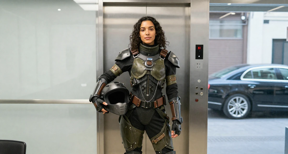 A self-assured Female From Morocco, majored in web development in their 26, feeling the shift from junior to mid-level expectations, wearing a biopunk organic armor suit, holding a helmet in a glass-walled conference room.