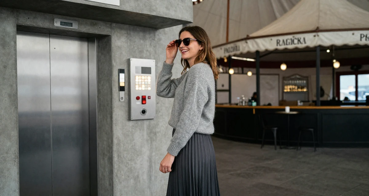 A cheerful Female From Amsterdam Netherlands, studied creative business in their 39, prioritizing quality over quantity in life, wearing a soft cashmere sweater and a pleated midi skirt, putting on sunglasses in a circus tent interior.