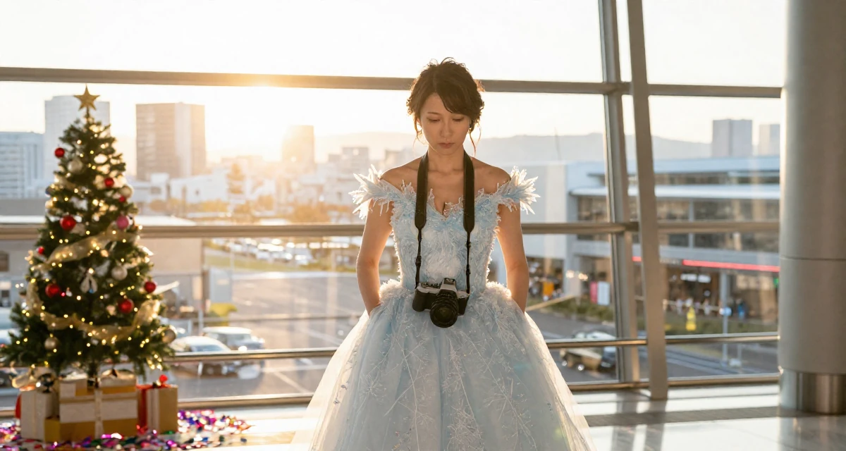 A solemn but kind Female From Kyoto Japan, practiced artistic nude photography as self-expression in their 45, exploring hobbies neglected during younger years, wearing a snow queen gown with ice crystal details, holding a camera in a airport departure lounge.