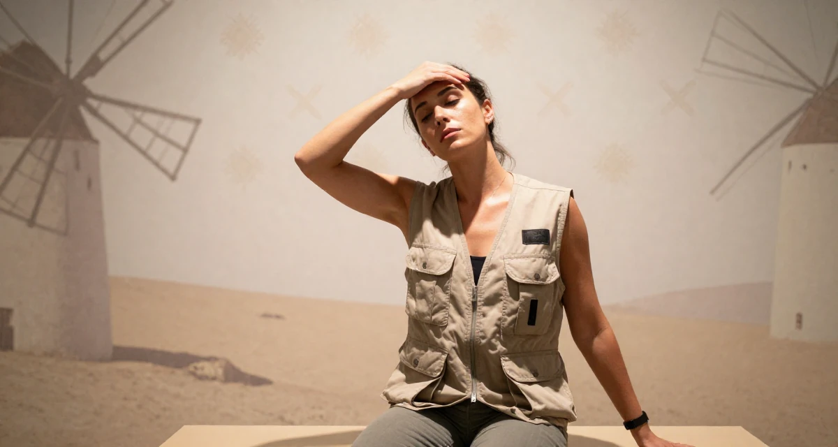 A solemn Female From Athens Greece, learned movement expression through traditional dance in their 42, passionate about sustainable luxury living, wearing a urban explorer utility vest look, resting a hand on the forehead in a museum exhibit.