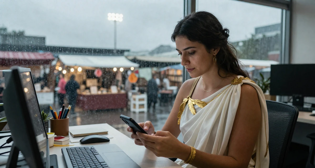 A gentle Female Once a bookstore clerk, now offering cozy aesthetic subscription content in their 32, sharing easy DIY home improvement projects, wearing a greek goddess toga with gold leaf accessories, unlocking a phone screen in a office workspace.