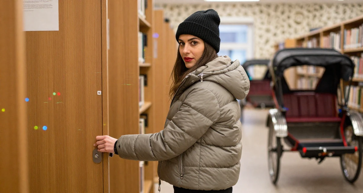 A bold and charismatic Female From Poland, majored in international relations in their 25, pretending confidence while filming take after take, wearing a warm puffer jacket and beanie, pulling a door open in a library aisle.