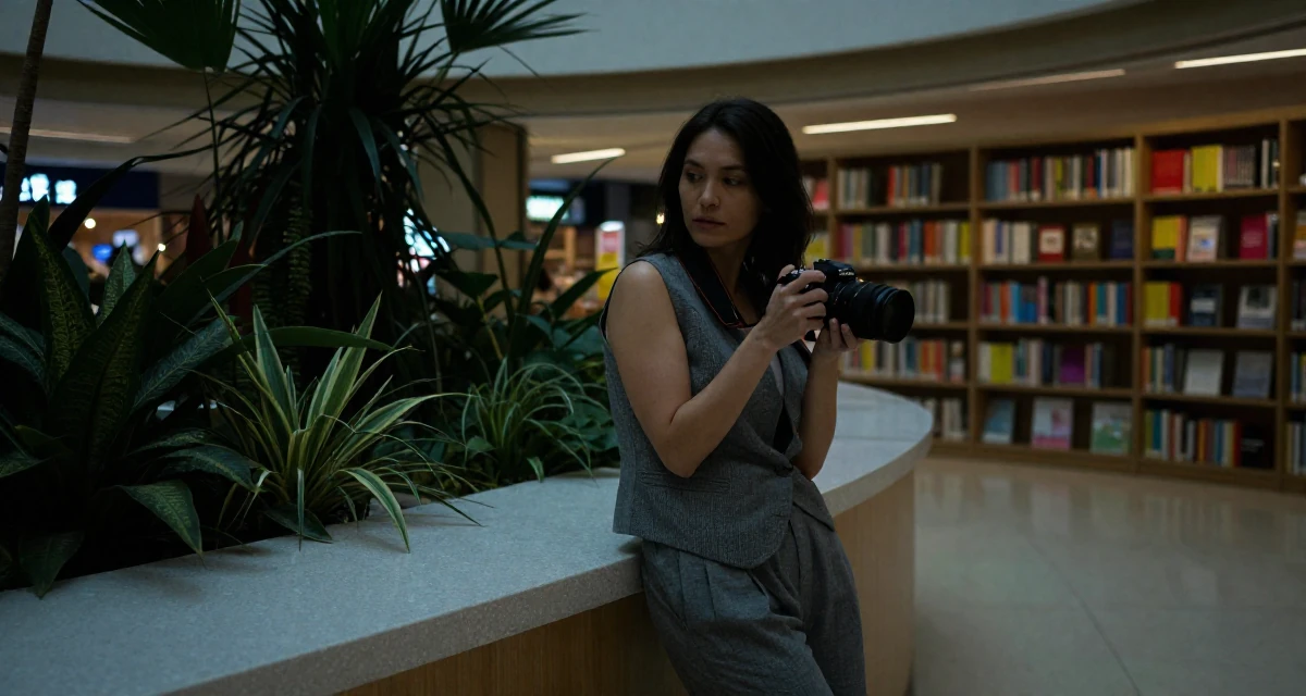 A cold and distant Female Once a kindergarten teacher, now a full-time lifestyle content creator in their 47, creating a guide for solo female travel, wearing a grey vest and matching trousers outfit, holding a camera ready to shoot in a shopping mall atrium.