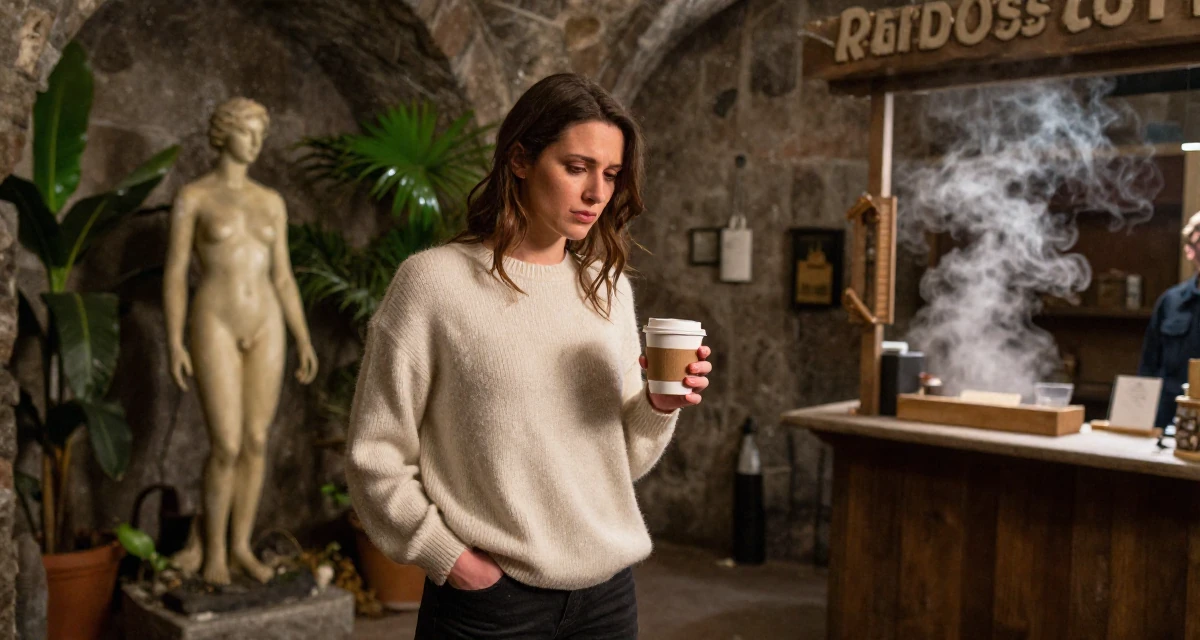 A melancholic yet beautiful Female From Florence Italy, practiced artistic nude composition in their 22, worrying about disappointing early supporters, wearing a soft cashmere sweater worn with nothing visible underneath, holding a cup of coffee in a dungeon cell.