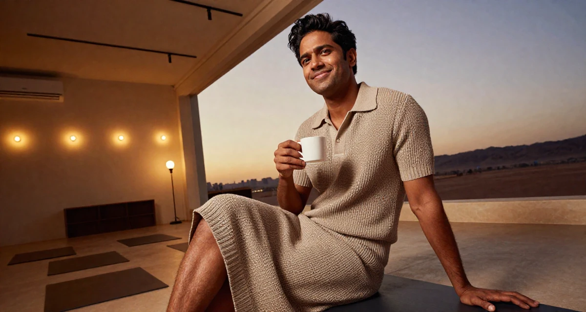 A amused male From India, majored in fashion technology in their 21, exploring the city nightlife until sunrise, wearing a knitted polo shirt tucked into a midi skirt, holding a cup of coffee in a yoga studio.