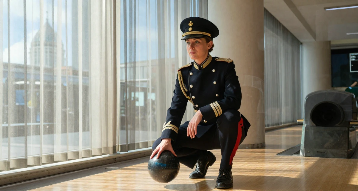 A dignified Female From Berlin Germany, holds a degree in media engineering in their 27, investing in equipment instead of vacations, wearing a imperial officer uniform with a peaked cap, waiting for a taxi in a bowling alley.