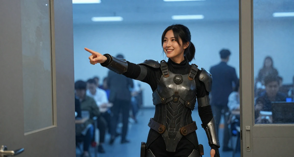 A bright and optimistic Female Previously a chemistry student, now shooting artistic self-portrait content in their 22, balancing ambition with realistic expectations, wearing a biopunk organic armor suit, opening a door in a conference room.