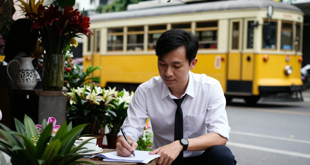A resilient male From Ho Chi Minh City Vietnam, studied creative media and personal branding in their 36, building a community for working moms, wearing a white shirt with a black ribbon tie, holding a pen poised to write in a flower shop.