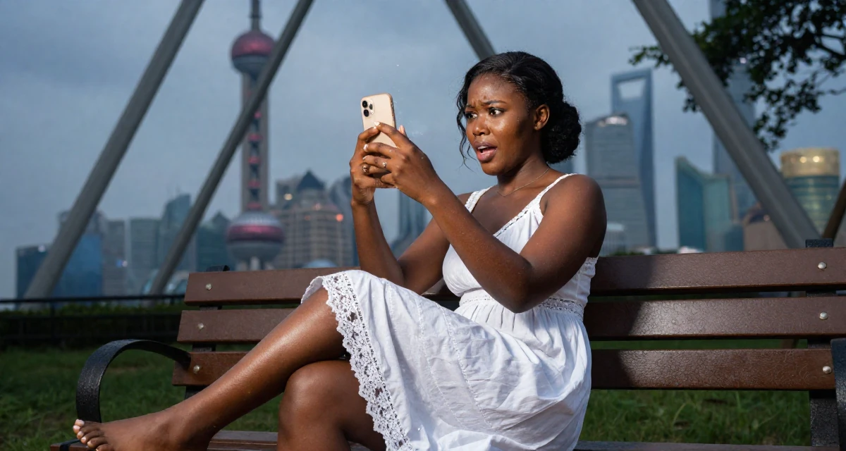 A elegant Female From Ghana, majored in banking and finance in their 20, feeling a mix of excitement and deep anxiety, wearing a white cotton nightgown with lace details, snapping a photo with a phone in a park bench.