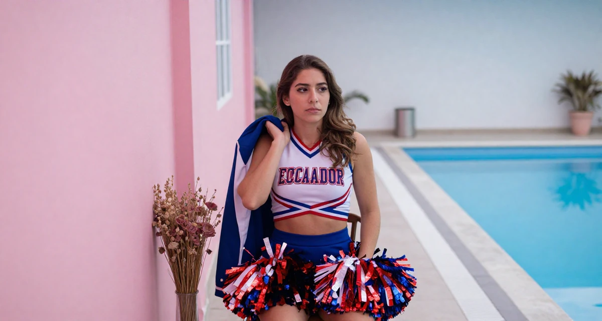 A pensive Female From Ecuador, studied system engineering in their 43, navigating the dating world with experience, wearing a cheerleader uniform with a cropped top and pom-poms, holding a jacket over a shoulder in a narrow hallway.