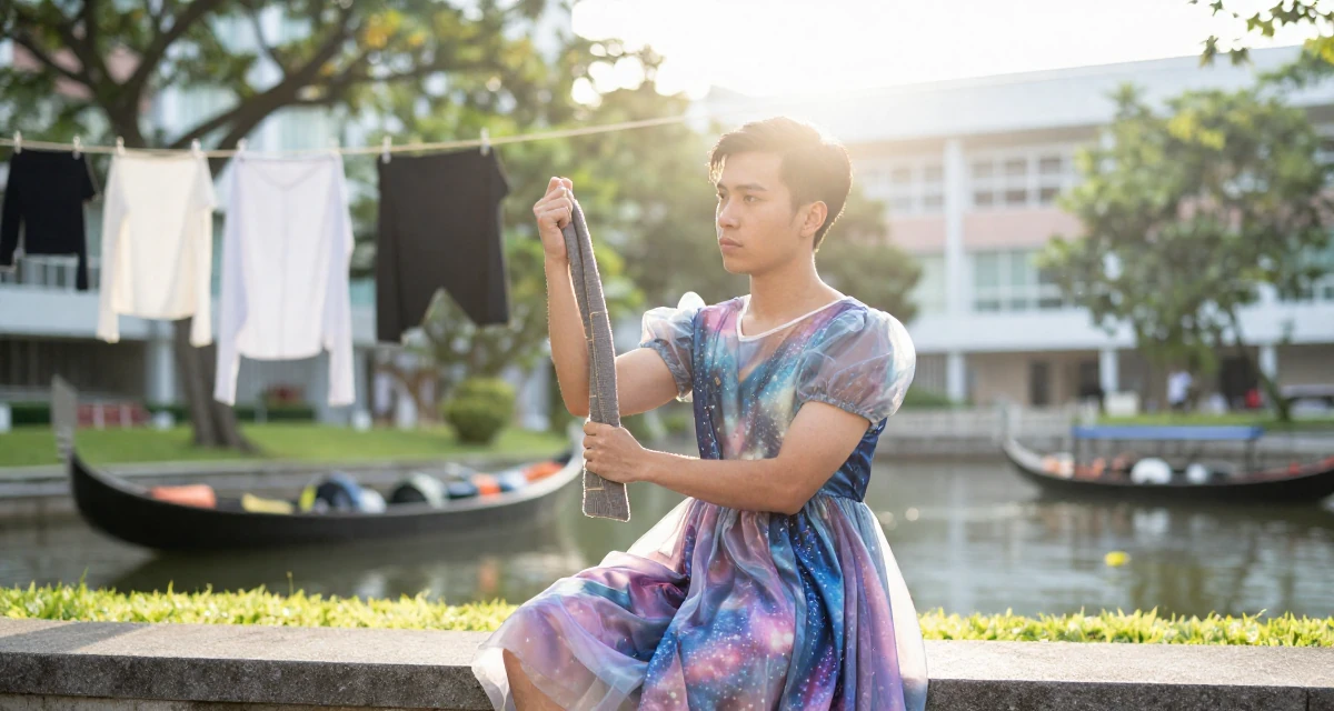 A calmly observant male From Singapore, based in Jurong, graduated from a polytechnic majoring in aesthetic marketing in their 33, struggling with work-life balance, wearing a galactic princess gown with metallic fabrics, pulling a sweater sleeves over hands in a university campus.