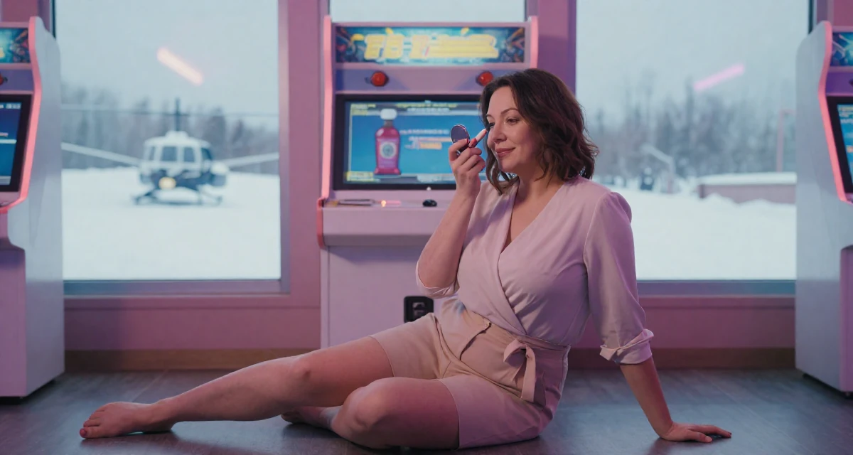 A smiling gently Female Former accountant in her 40s, now embracing body confidence and digital art in their 23, handling occasional negative comments professionally, wearing a wrap-front blouse and tailored shorts, checking makeup in a compact mirror in a arcade room with neon lights.