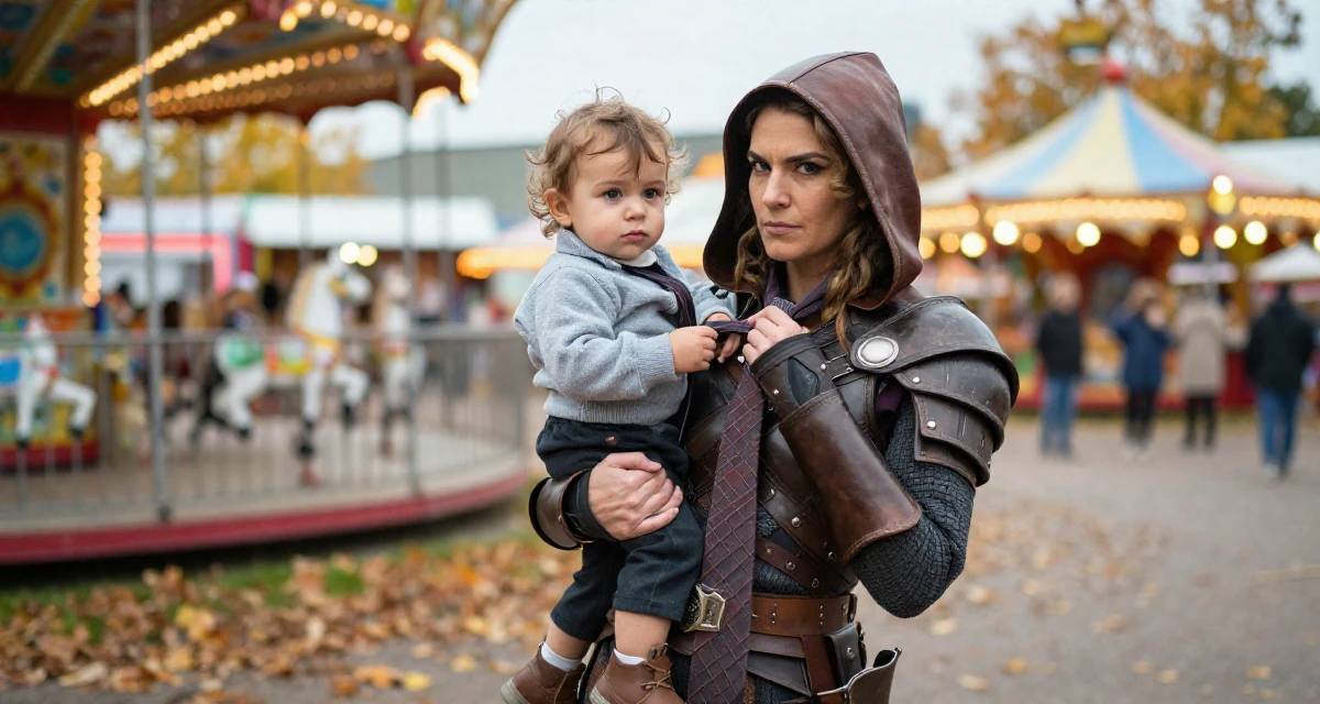 A arrogant Female Former spa receptionist, now blending beauty with calm-aesthetic content in their 35, raising a toddler while building a business, wearing a fantasy rogue leather armor with a hood, playing with a tie in a carnival with rides.